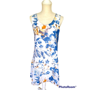 Femme White Blue Floral Silk Blend Dress Sleeveless Romantic‎